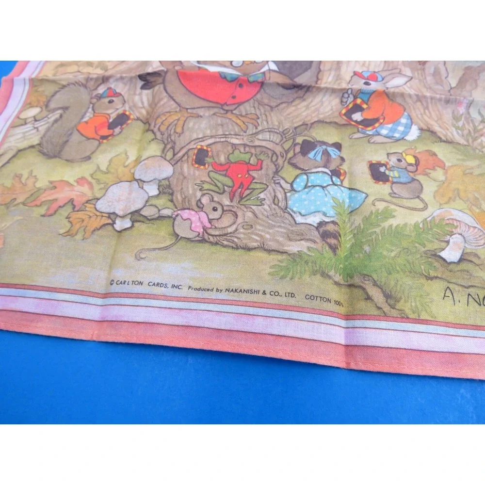 Vintage Carlton Cards Woodland Schoolhouse Fabric Scarf Hankerchief